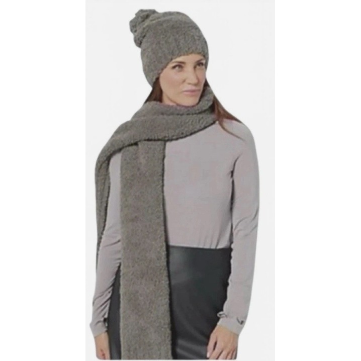 Barefoot Dreams Cozychic Pom Pom Beanie Scarf Set Charcoal One Size Nwt